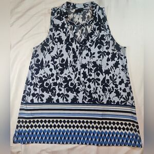 Rafaella Womens Blue Floral Sleeveless Blouse With Neck Tie Size Large